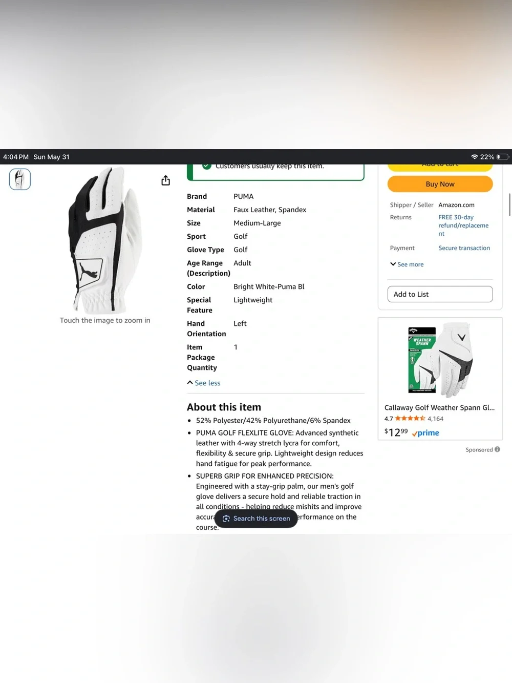 New With Tags Puma Grey and White Flex Lite Left-Hand Golf Glove Men’s Size M/L. - Picture 5 of 13